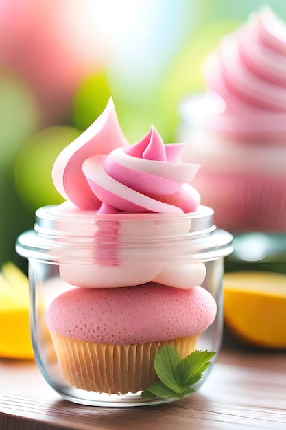 Ein rosa Cupcake mit Erdbeerstrudel in einem Glas