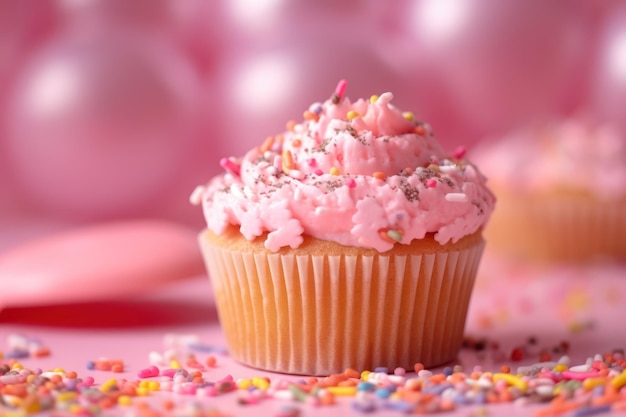 Ein rosa Cupcake mit Streuseln darauf