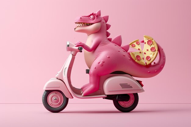 ein rosa Dinosaurier auf einem Roller