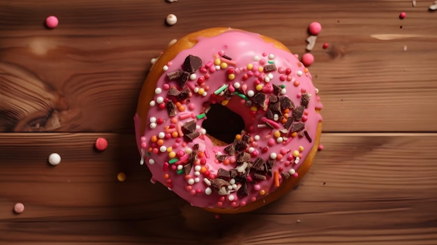 Ein rosa Donut mit rosa Zuckerguss und Streuseln darauf