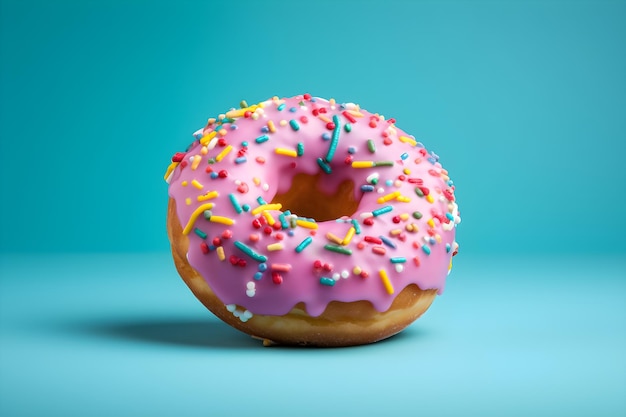 Ein rosa Donut mit Streuseln auf blauem Hintergrund