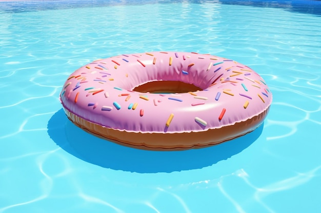 Ein rosa Donut schwimmt in einem Pool mit einem Donut darauf.