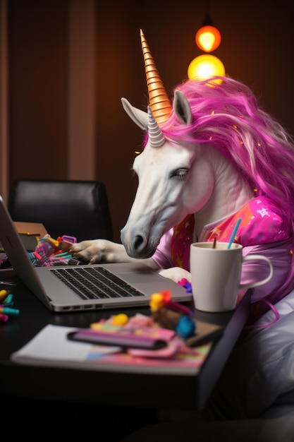 Foto ein rosa einhorn arbeitet an einem laptop ai generative