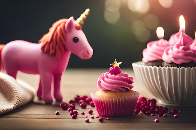 Ein rosa Einhorn neben einem Cupcake mit rosa Zuckerguss und einem Cupcake mit einer Kerze darauf.