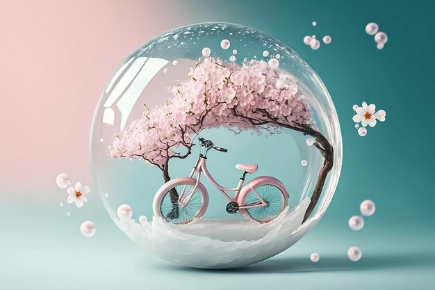 Ein rosa Fahrrad in einer Glaskugel mit einer rosa Kirschblüte in der Mitte Generative Ai