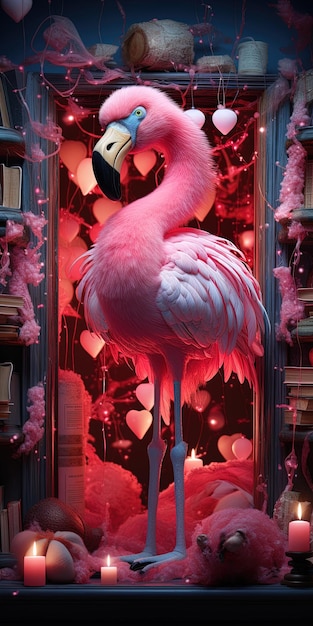 Foto ein rosa flamingo in einem rosa zimmer mit einem rosa flamingo.