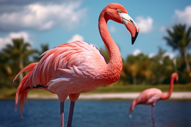 Ein rosa Flamingo mit langem Hals spaziert in exotischen Palmen