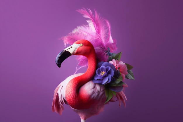 Ein rosa Flamingo mit lila Hintergrund