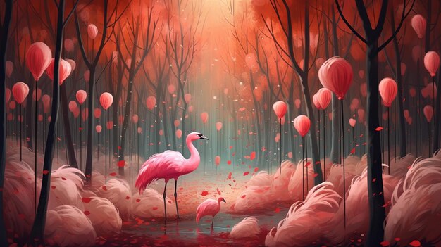 Ein rosa Flamingo mit seinem Kind steht in einem Märchenwald vor dem Hintergrund rosa Luftballons. Fantasy-Konzept Illustrationsmalerei Generative KI