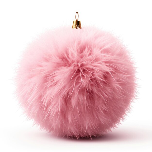 Ein rosa flauschiges Kugelornament auf einer weißen Oberfläche. Digitales Bild