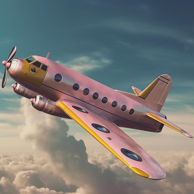 ein rosa Flugzeug mit gelber Nase und blauem Himmel mit einem schwarzen Punkt am Boden.