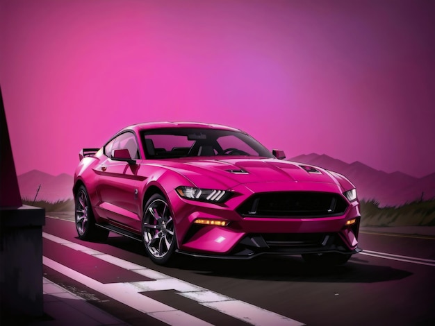 Ein rosa Ford Mustang mit dem Wort Ford auf der Front.