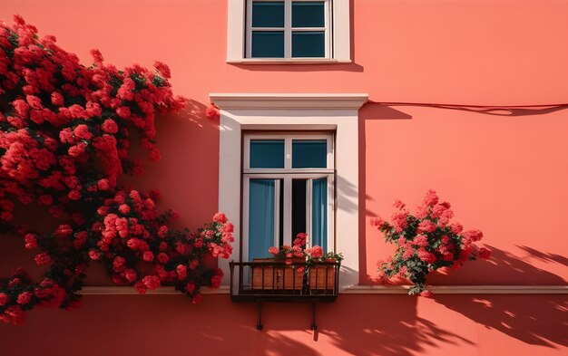 Ein rosa Haus mit Balkon und roten Blumen.