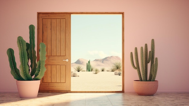 ein rosa Haus mit einer Kaktus- und Wüstenlandschaft