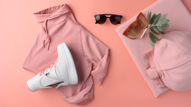 Ein rosa Hemd und weiße Schuhe sind auf einem rosa Hintergrund, einschließlich Sonnenbrille