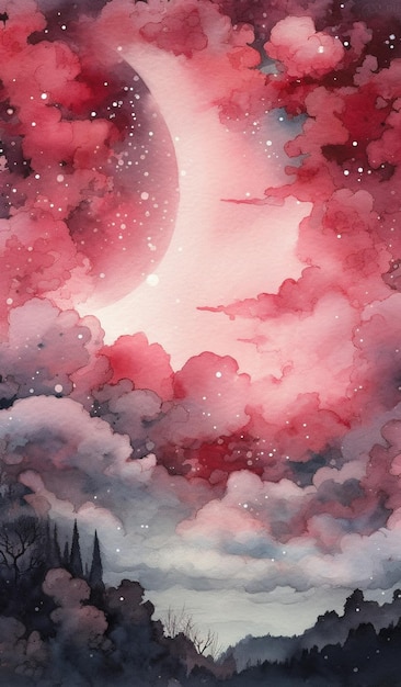 Ein rosa Himmel mit Mond und Sternen