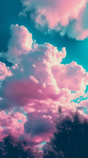 Ein rosa Himmel mit Wolken und Bäumen