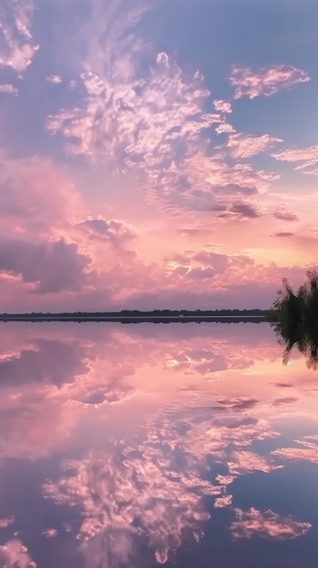 Ein rosa Himmel mit Wolken und einer Spiegelung des Himmels.