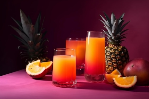 Ein rosa Hintergrund mit Ananas und Orangen darauf