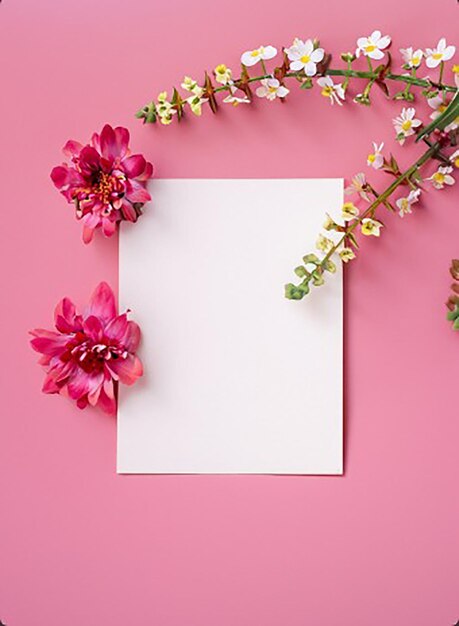 Foto ein rosa hintergrund mit blumen und einem weißen kartenkopierraum