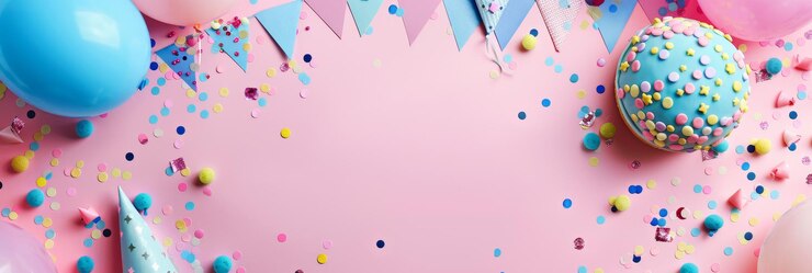 Foto ein rosa hintergrund mit einem festlichen gefühl mit konfettiballons, partyhüten und einem deliciou