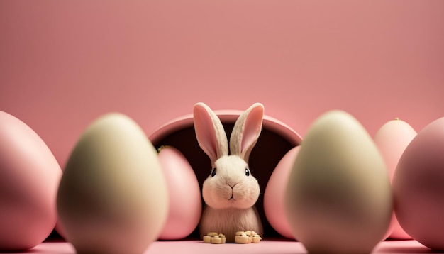 Ein rosa Hintergrund mit einem Häschen und Eiern.