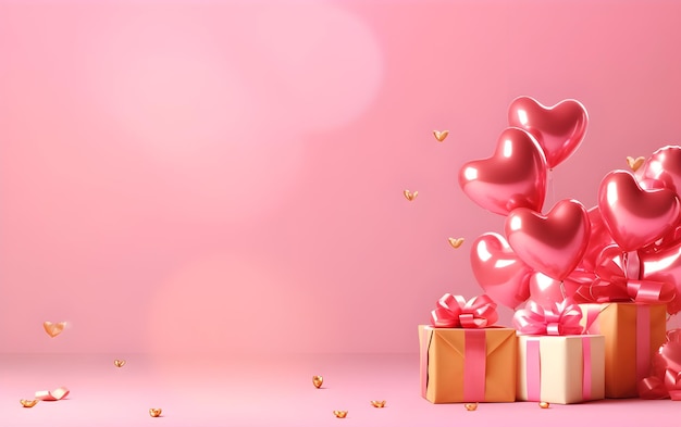 Ein rosa Hintergrund mit einem Haufen Luftballons und einem roten Band mit dem Wort „Love“ darauf