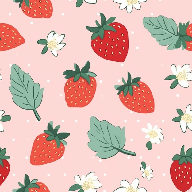 Ein rosa Hintergrund mit einem Muster aus Erdbeeren und Blättern.