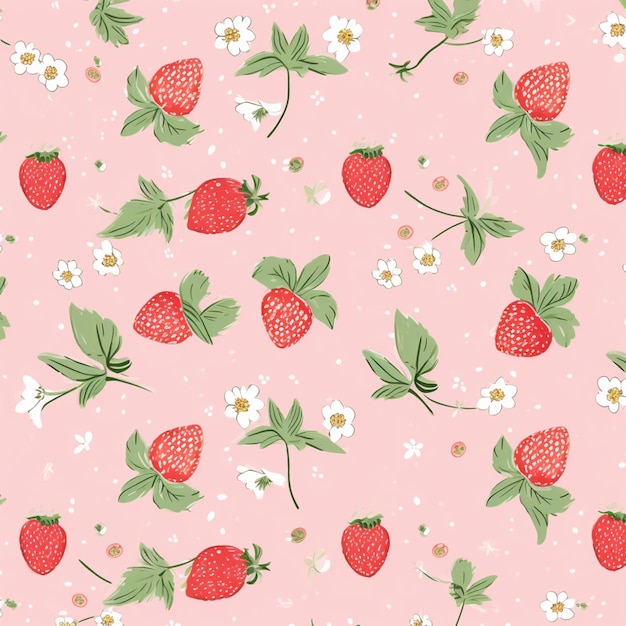 Ein rosa Hintergrund mit einem Muster aus Erdbeeren und weißen Blumen.
