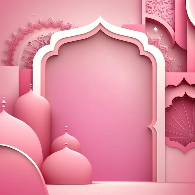 Ein rosa Hintergrund mit einem Rahmen für eine Moschee und einem Schild für das Eid al-Fitr