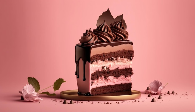 Ein rosa Hintergrund mit einem Stück Kuchen mit rosa Zuckerglasur und Schokoladenglasur.