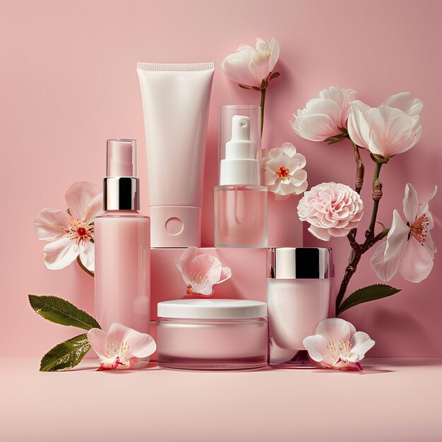 ein rosa Hintergrund mit einer rosa Flasche Lotion und Blumen