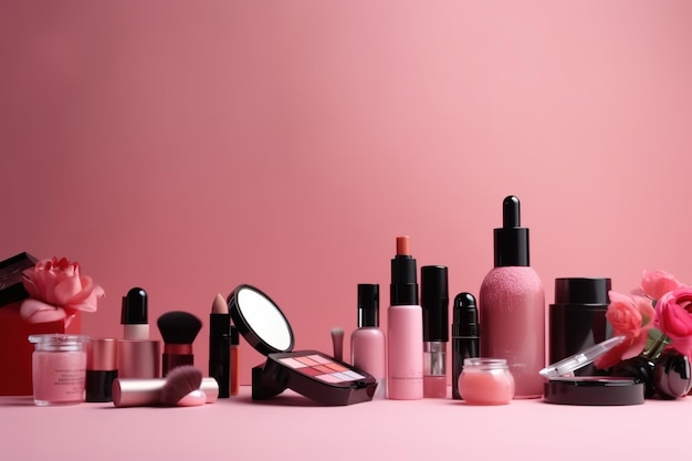 Ein rosa Hintergrund mit einer Sammlung von Make-up-Produkten