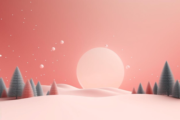 ein rosa Hintergrund mit einer schneebedeckten Landschaft und einem Schneeball.