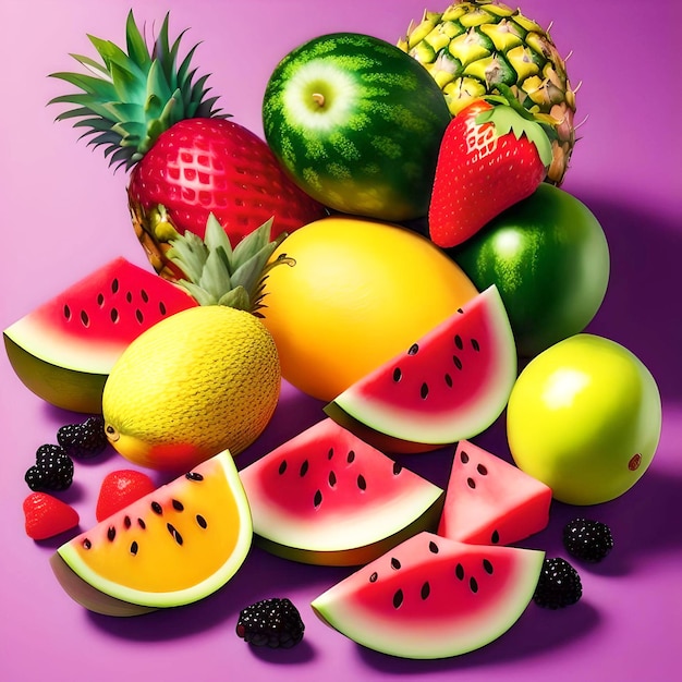 Ein rosa Hintergrund mit Früchten und Beeren, darunter Wassermelone, Wassermelone und Ananas