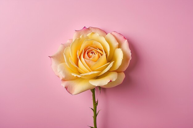 Ein rosa Hintergrund mit gelben Blütenblättern und einem rosa Rosenknospen