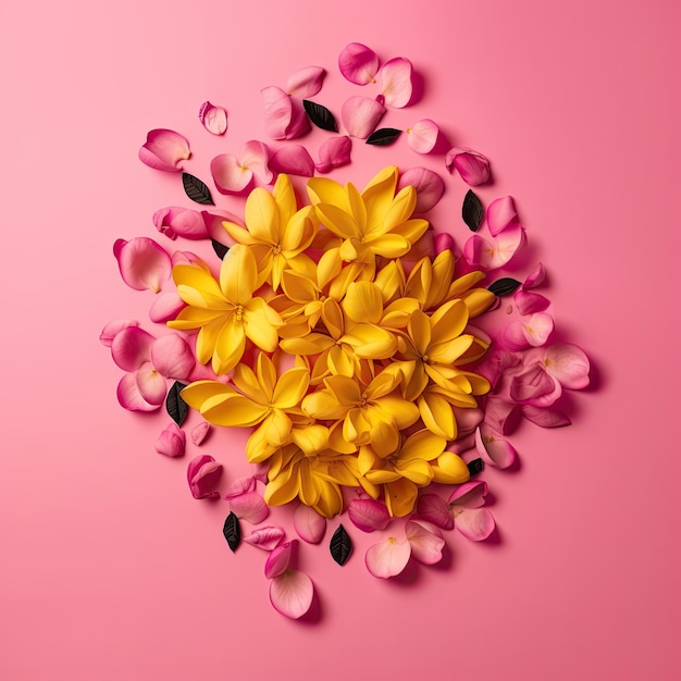 Ein rosa Hintergrund mit gelben Blumen und Blütenblättern darauf.