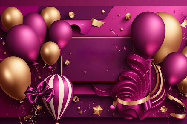 Ein rosa Hintergrund mit Luftballons und einem goldenen Band