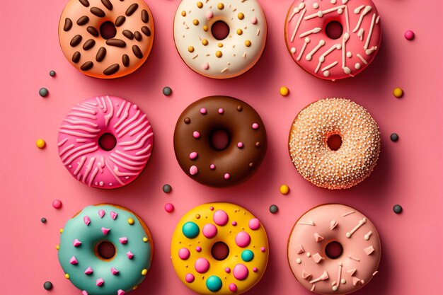 Ein rosa Hintergrund mit verschiedenen Donuts darauf