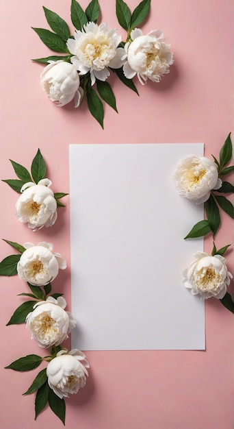 ein rosa Hintergrund mit weißen Blumen und einem leeren Blatt Papier mit einem Zitat aus dem Buch der Blumen