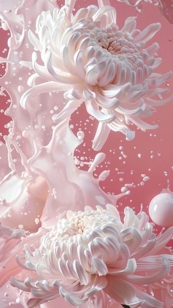 ein rosa Hintergrund mit weißen und rosa Blüten und Blasen Weißes Chrysanthemum in flüssiger Flüssigkeitsquelle
