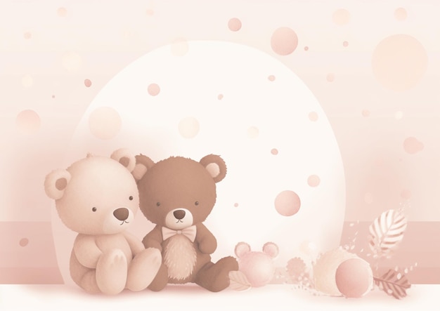 Ein rosa Hintergrund mit zwei Teddybären und einem Seestern.