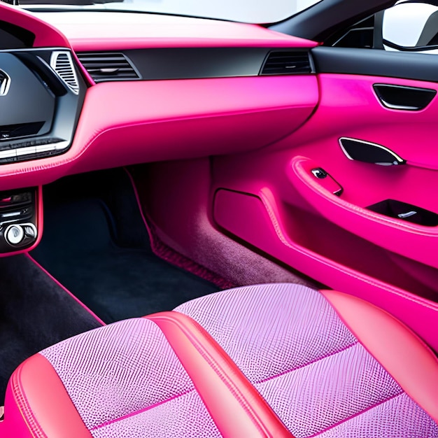 Ein rosa innenraum eines autos mit einem lila innenraum und einem