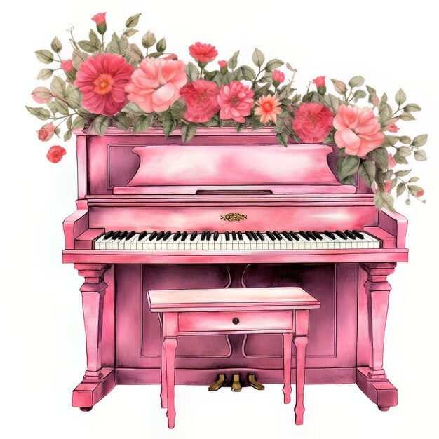 Ein rosa Klavier mit einem kleinen Tisch und einem kleinen Hocker mit rosa Blumen darauf.