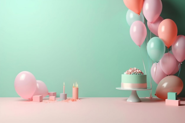 Ein rosa Kuchen mit einem rosa Herzen obenauf steht auf einem Tisch mit einem Haufen Luftballons.