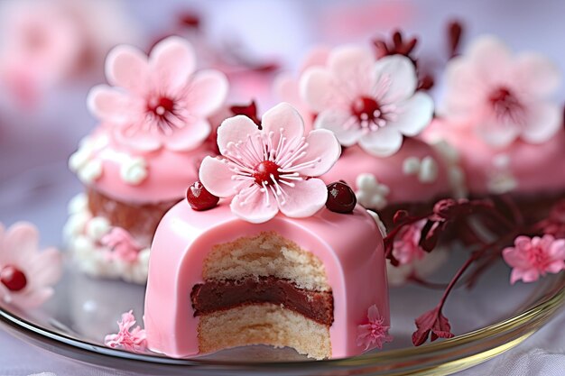 Foto ein rosa kuchen mit einer ausgenommenen scheibe rosa blumendekorationen frühlings-petit vier kuchen