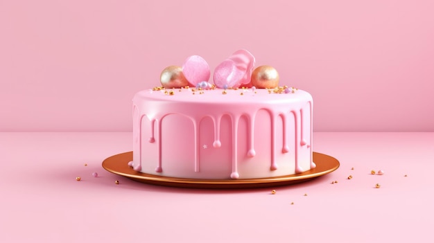 Ein rosa Kuchen mit rosa Zuckerguss und goldenen Kugeln oben drauf.