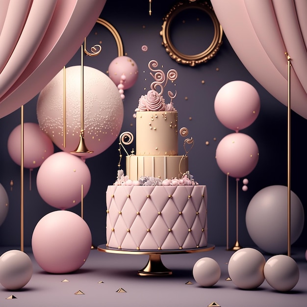 Ein rosa Kuchen mit weißem Zuckerguss und einer rosa Kugel auf einem Ständer mit rosa Hintergrund.
