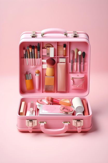 Ein rosa Make-up-Etui mit Make-up darauf