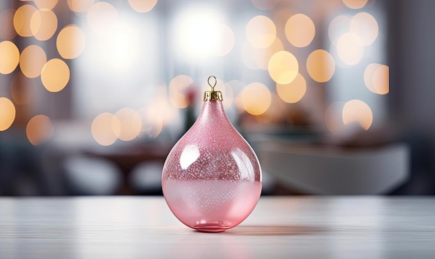 ein rosa Ornament sitzt auf einem Tisch mit Dekorationen im Stil von Bokeh-Panorama